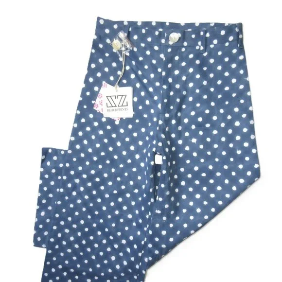 NWT SZ Blockprints Hand Block-Printed Disco Pants in Blue Polka Dots Canvas L - Picture 3 of 11